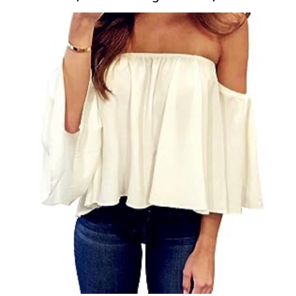 ESSE Off the Shoulder Flowy Sleeve Silver Blouse Size Small Boho Cute!